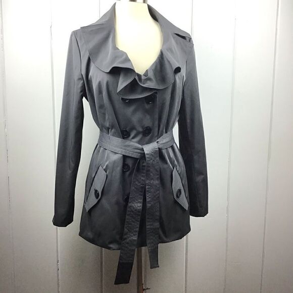 Sandro Dark Gray Ruffled Collar Belted Trench L - Picture 1 of 7